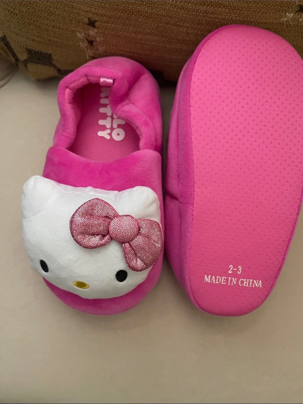 Hello Kitty Hot Pink Plush Slippers with Shiny Pink Bows